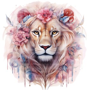 May include: A watercolor painting of a lion's head with a crown of pink and blue flowers. The lion has a soft, golden mane and piercing golden eyes. The background is a soft pink and blue watercolor wash.