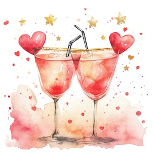 12 clipart di cocktail rosa, cocktail d'amore, clipart acquerello stampabile, JPG di alta qualità, download digitale, artigianato con la carta, diario spazzatura
