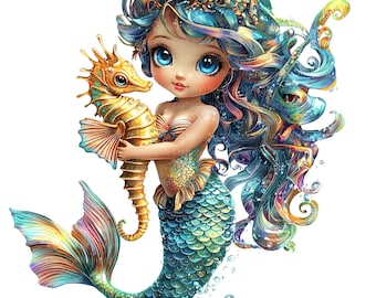 14 Cartoon Mermaid Clipart, Mermaid Girl, Printable Watercolor clipart, High Quality JPGs, Digital download, Paper craft, junk journals