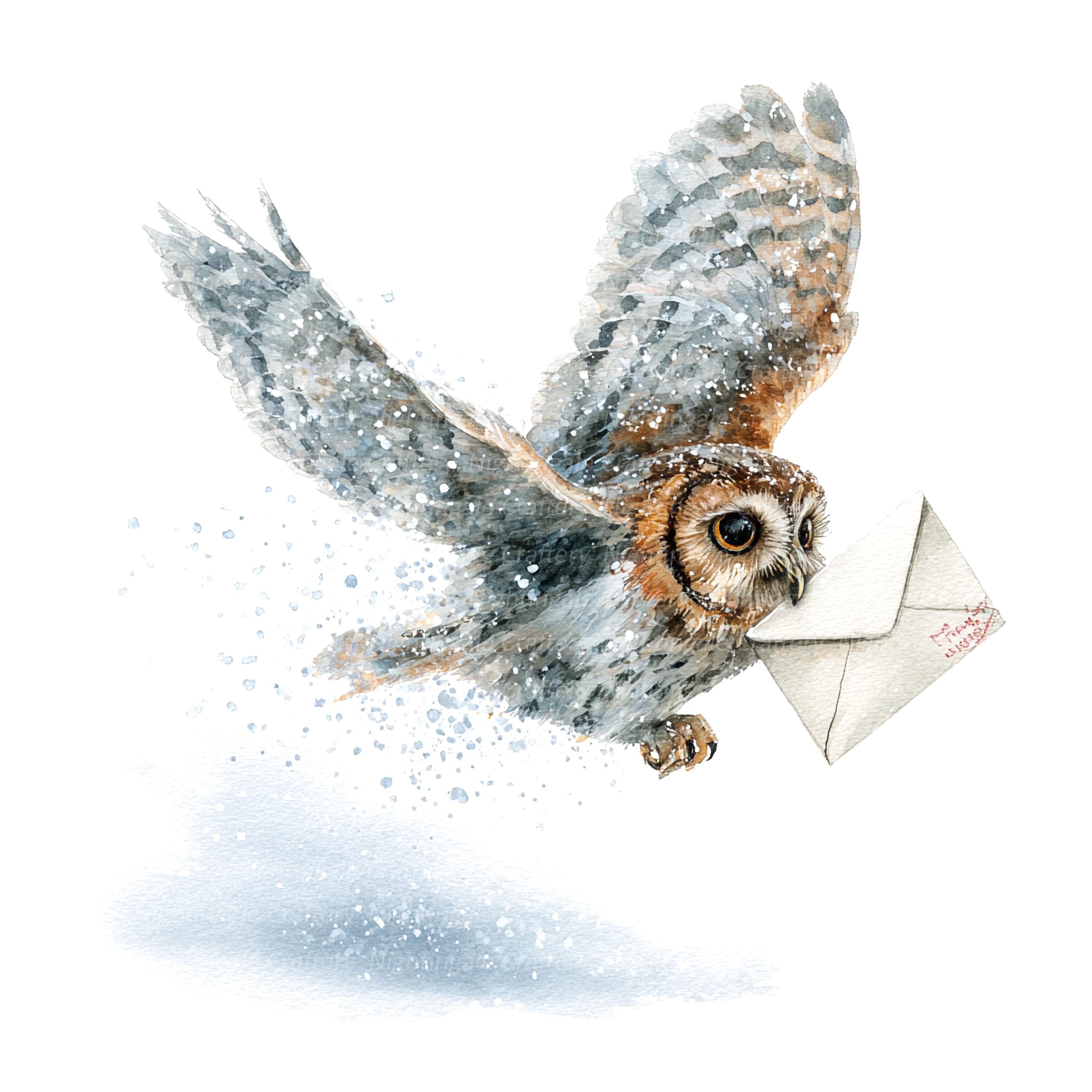 7 Owl Delivering a Letter Clipart, Santa Letter, Printable Watercolor clipart, High Quality JPG, Dig