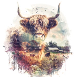 Op de afbeelding: Een aquarel-achtige illustratie van een Schotse Hooglandkoe met lange, ruige bruine vacht en grote hoorns. De afbeelding is gelaagd met een landelijk landschap met een schuur, velden en bomen, met vogels in de lucht.