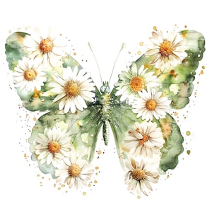 12 Daisies Butterfly Clipart, Farfalla floreale, Clipart acquerello stampabile, JPG di alta qualità, download digitale, Mestiere di carta, diario spazzatura
