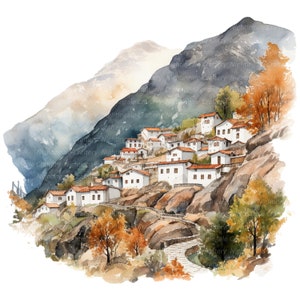 10 Village in Mountains Landscape Clipart, Printable Watercolor clipart, High Quality JPGs, Digital download, Paper craft, Junk Journals