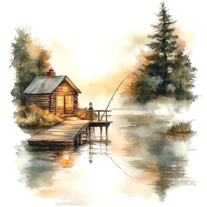 10 Fishing Cabin Clipart, Lake Fishing Landscape, Printable Watercolor clipart, High Quality JPGs, Digital download, Paper craft, Journal