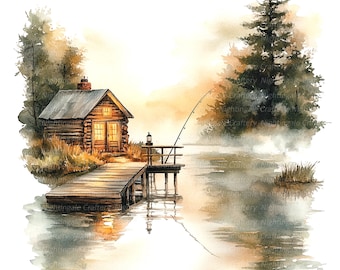 10 Fishing Cabin Clipart, Lake Fishing Landscape, Printable Watercolor clipart, High Quality PNGs, Digital download, Paper craft, Journal