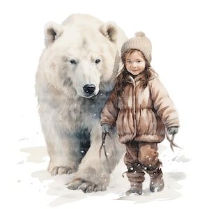 9 Little Girl With Polar Bear Clipart, Printable Watercolor clipart, High Quality JPGs, Digital download, Paper craft, junk journal