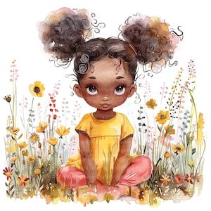 8 clipart de garota negra em flores, garota floral, clipart em aquarela para impressão, JPGs de alta qualidade, download digital, artesanato em papel, diário de lixo eletrônico