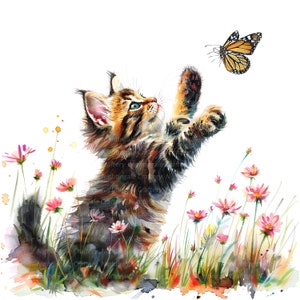 8 Kätzchen und Schmetterling Clipart, süßes Kätzchen, druckbare Aquarell Clipart, hochwertige PNGs, digitaler Download, Papiermodell, Junk Journals