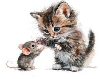 10 imágenes prediseñadas de gatito y ratón, imágenes prediseñadas de gato lindo, imágenes prediseñadas de acuarela imprimibles, PNG de alta calidad, descarga digital, manualidades de papel, diarios basura