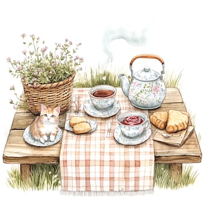 12 accoglienti picnic in campagna, clipart per il tea party, clipart stampabili ad acquerello, JPG di alta qualità, download digitale, artigianato di carta, diario spazzatura