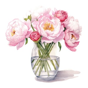 Peonies Clipart, Peonies in vase, Printable Watercolor clipart, 10 High Quality JPGs, Digital download, Paper craft, junk journal