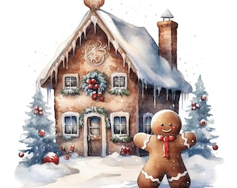 12 Gingerbread House and Man Clipart, Christmas Clipart, Printable Watercolor clipart, 14 High Quality JPGs, Digital download, Paper crafts