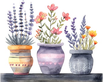 9 Vases Clipart, Flowerpots Clipart, Printable Watercolor clipart, High Quality JPGs, Digital download, Paper craft, junk journals