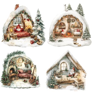 15 Clipart della stanza degli gnomi di Natale, casa degli gnomi, clipart stampabili ad acquerello, JPG di alta qualità, download digitale, artigianato di carta, diari spazzatura