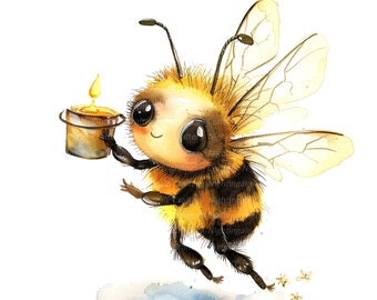 12 Bees with Honey Clipart, Cute Bee Clipart, Printable Watercolor clipart, High Quality JPG, Digital download, Paper craft, junk journal