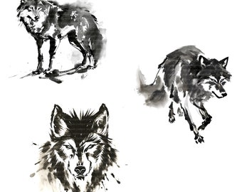 墨絵の狼のクリップアート、狼の墨絵アートの絵、15 枚の高品質
