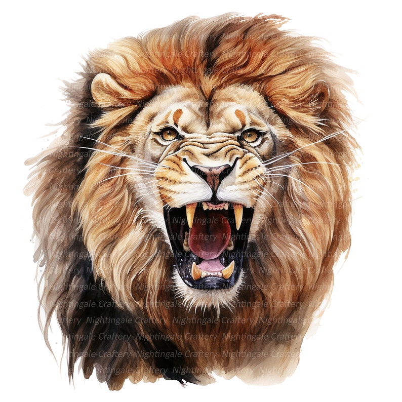 Puede incluir: Una pintura de acuarela de la cabeza de un le&oacute;n con una expresi&oacute;n feroz. El le&oacute;n tiene una melena espesa de pelo marr&oacute;n y naranja, y su boca est&aacute; abierta en un rugido. La pintura est&aacute; hecha en un estilo realista, con atenci&oacute;n al detalle en el pelo y las caracter&iacute;sticas del le&oacute;n.