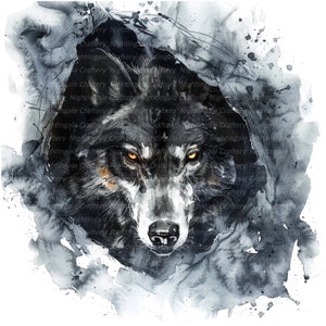 10 Wolf in Cave Clipart, Scary Wolf, Printable Watercolor clipart, High Quality PNG/JPGs, Digital download, Paper crafts, junk journals
