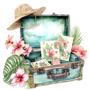 12 cliparts valise florale, voyage des cliparts, clipart numérique, clipart aquarelle imprimable, téléchargement numérique, créations en papier, journal indésirable
