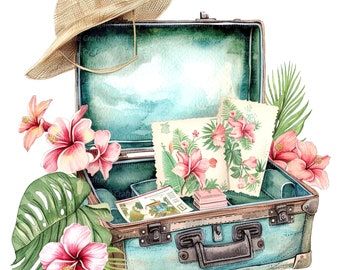 May include: A vintage teal suitcase with brown leather trim and brass hardware. The suitcase is open and filled with postcards and flowers. The suitcase is decorated with a straw hat and tropical leaves.