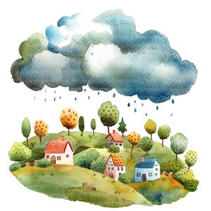 13 Cartoon Village Clipart, Clouds, Storm Clipart, Nursery, Printable Watercolor clipart, High Quality JPGs, Digital download, Paper crafts