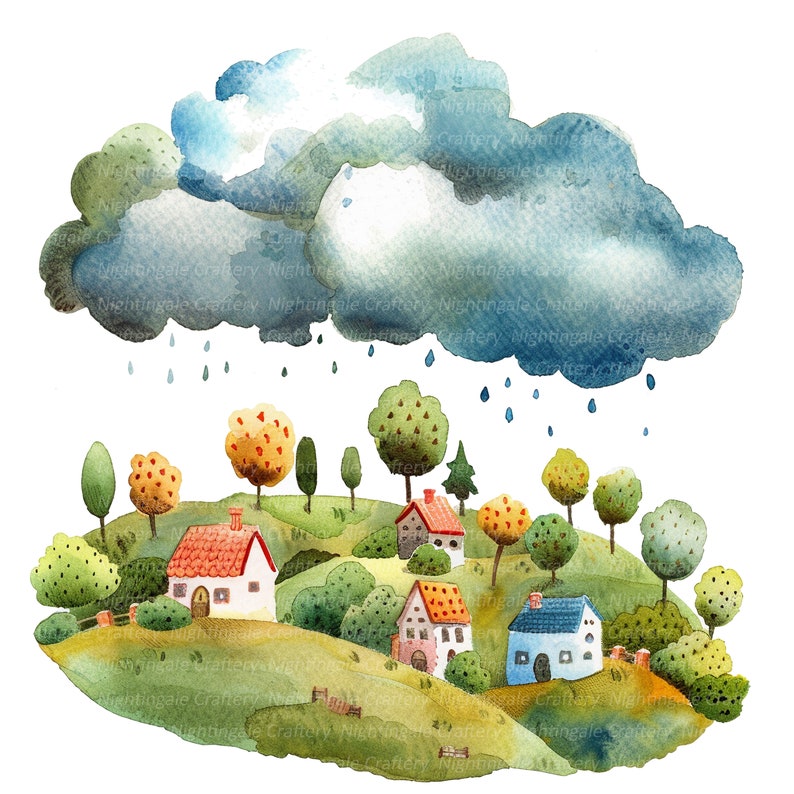 13 Cartoon Village Clipart, Clouds, Storm Clipart, Nursery, Printable ...