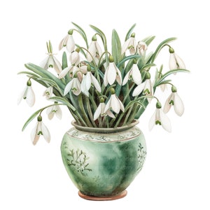 10 sneeuwklokjes in vaas clipart, lentebloemen, afdrukbare aquarel clipart, hoge kwaliteit jpg's, digitale download, Paper Craft, junk tijdschriften