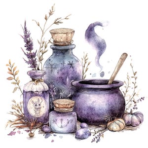 7 clipart de bruxaria roxa, clipart de ervas, clipart de aquarela para impressão, JPGs de alta qualidade, download digital, artesanato em papel, diários de lixo