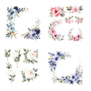 16 décorations florales, bordure de roses, fleurs, clipart numérique, clipart aquarelle, PNG de haute qualité, téléchargement numérique, créations en papier, journal indésirable