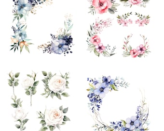 May include: Watercolor illustrations of floral arrangements featuring blue, pink, and white flowers. The illustrations include wreaths, corner arrangements, and individual flower sprigs.