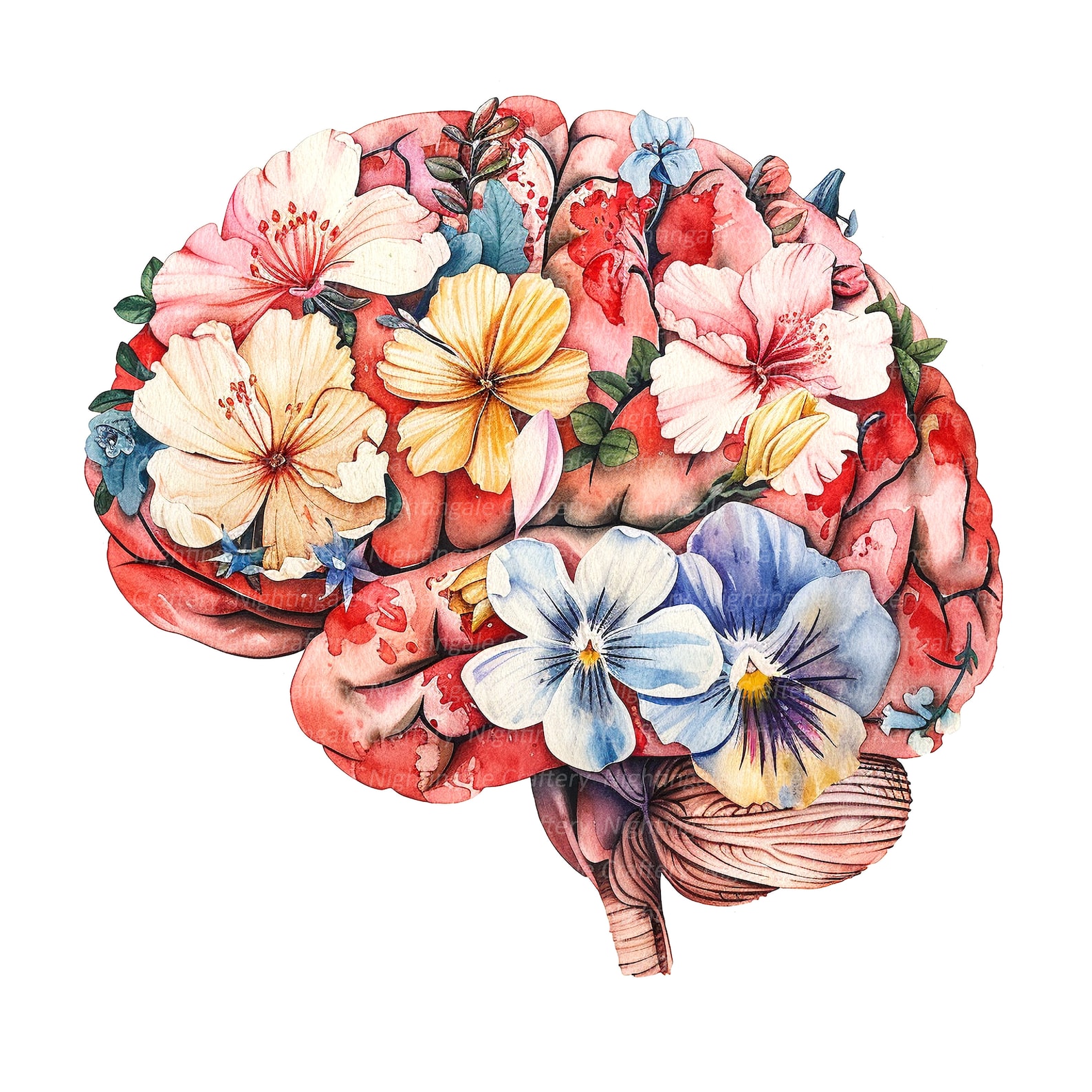 10 Floral Human Brain Clipart, Anatomical Brain, Printable Watercolor ...