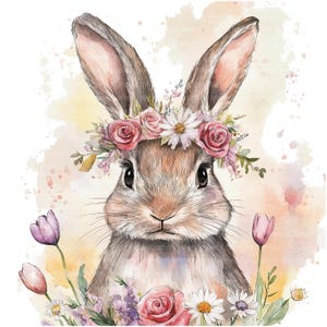 May include: A watercolor painting of a brown rabbit wearing a flower crown with pink and white flowers. The rabbit is surrounded by a watercolor background with pink and yellow hues.