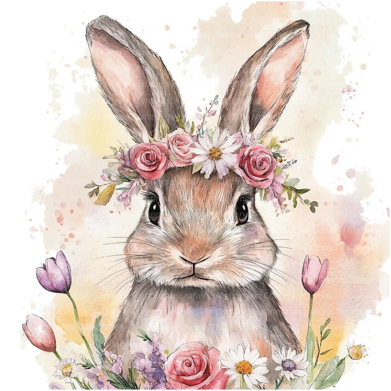May include: A watercolor painting of a brown rabbit wearing a flower crown with pink and white flowers. The rabbit is surrounded by a watercolor background with pink and yellow hues.