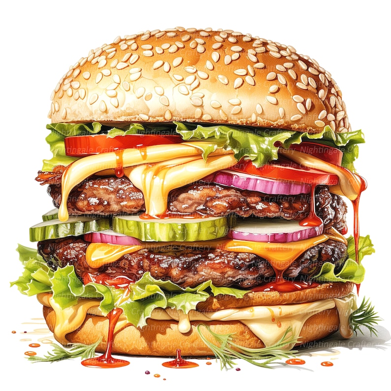 Op de afbeelding: Een grote, meerlagige hamburger met sla, tomaat, ui, augurken en kaas. De hamburger is bedekt met een royale hoeveelheid ketchup en mosterd.