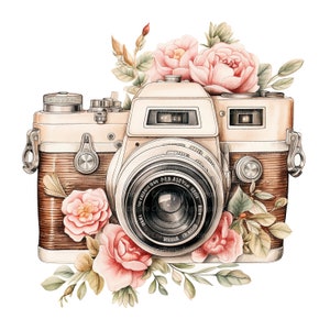K&ouml;nnte beinhalten: Eine Vintage-Kamera mit braunem Ledergeh&auml;use und silbernem Objektiv. Die Kamera ist von rosa Rosen und gr&uuml;nen Bl&auml;ttern umgeben.