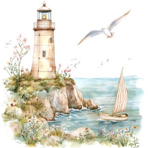 9 Vintage Lighthouse Clipart, Printable Watercolor clipart, High Quality JPGs, Digital download, High Resolution, Paper craft, junk journals