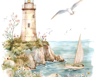Puede incluir: Una pintura de acuarela de un faro en un acantilado con vistas a un mar tranquilo con un velero y una gaviota volando por encima.