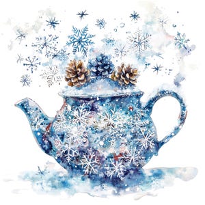 16 vintertekanna Clipart, snöflingor Tekanna, utskrivbara akvarell clipart, högkvalitativa JPG-bilder, digital nedladdning, papperspyssel, skräpjournaler