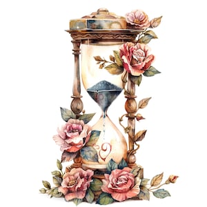 11 bloemen zandloper clipart, zandloper, afdrukbare aquarel clipart, hoge kwaliteit jpg's, digitale download, Paper Craft, ongewenste tijdschriften