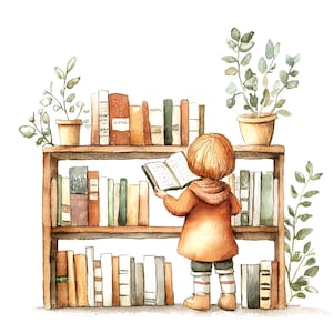 May include: A watercolor illustration of a bookshelf filled with books. A child is standing in front of the bookshelf, reading a book. The bookshelf is brown wood with white shelves. The child is wearing a brown sweater and has brown hair. The child is holding a book in their hands. The book is open and the pages are visible. The child is looking at the book. The background is white.