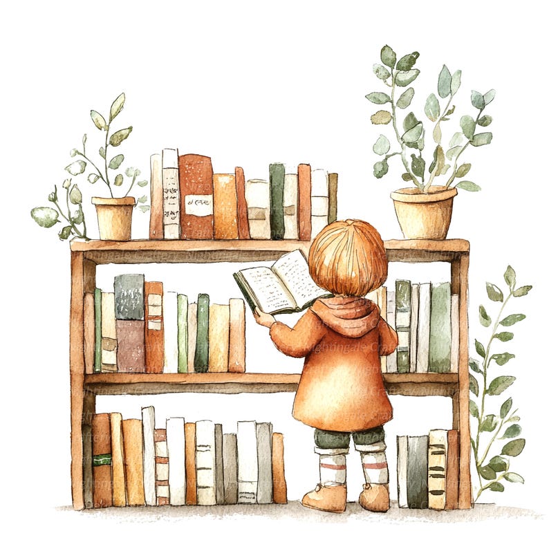May include: A watercolor illustration of a bookshelf filled with books. A child is standing in front of the bookshelf, reading a book. The bookshelf is brown wood with white shelves. The child is wearing a brown sweater and has brown hair. The child is holding a book in their hands. The book is open and the pages are visible. The child is looking at the book. The background is white.