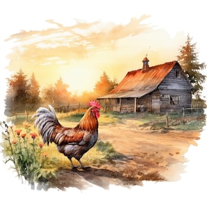 12 Clipart de basse-cour au lever du soleil, clipart aquarelle imprimable, fichiers JPG de haute qualité, téléchargement numérique, haute résolution, créations en papier