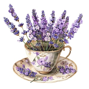 10 Lavanda em Chávena Clipart, Chávena Floral, Clipart de Aquarela para Imprimir, JPG de Alta Qualidade, Download Digital, Artesanato em Papel, diário de lixo