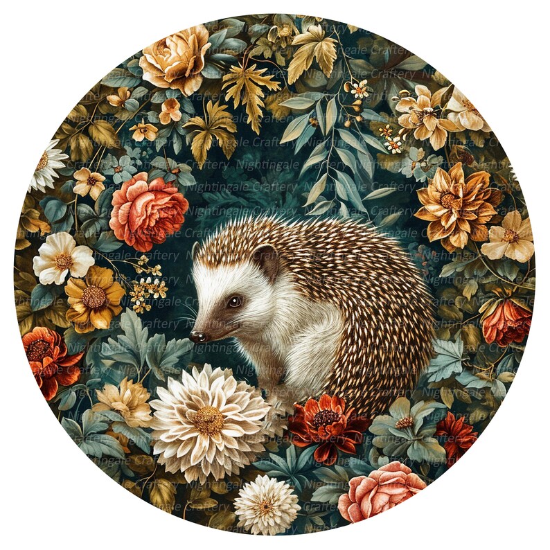 May include: A round illustration of a hedgehog surrounded by colorful flowers. The hedgehog is brown and white with a spiky back. The flowers are in shades of yellow, orange, red, and white. The background is a dark teal green.