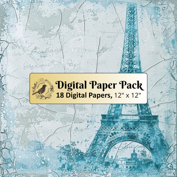 18 Vintage Paris and Eiffel background, 12 x 12 Digital Paper pack, Junk Journal Paper, Scrapbook paper, Printable Paper, High Quality JPGs