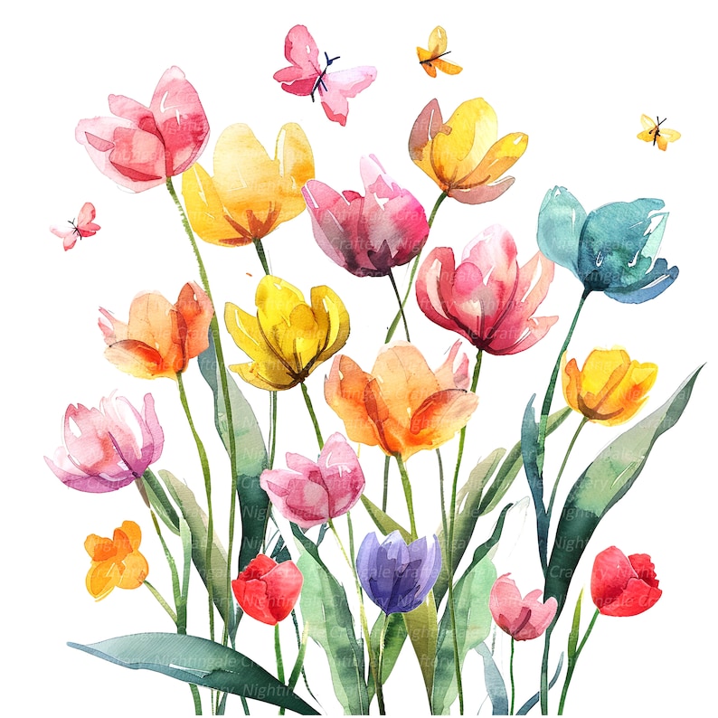 10 Spring Flowers Clipart, Tulips Clipart, Printable Watercolor Clipart ...