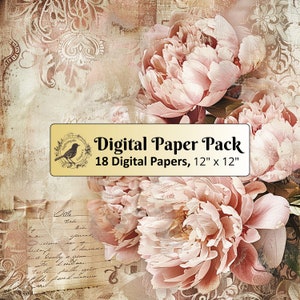 18 papiers d'arrière-plan vintage pivoines, paquet de papier numérique 12 x 12, papier journal indésirable, papier de scrapbooking, papier imprimable, JPG de haute qualité