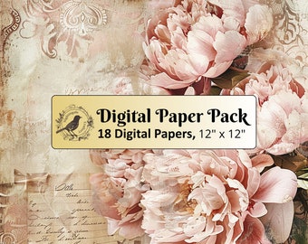 18 papeles de fondo con peonías vintage, paquete de papel digital de 12 x 12 pulgadas, papel para diario creativo, papel para álbum de recortes, papel imprimible, archivos JPG de alta calidad.