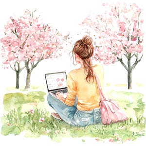10 Clipart di donna e laptop, primavera al parco, clipart acquerello stampabile, JPG di alta qualità, download digitale, sublimazione, diari spazzatura