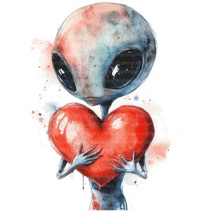 10 clipart romântico alienígena, cartão de dia dos namorados, clipart aquarela para impressão, JPGs de alta qualidade, download digital, artesanato em papel, diários de lixo
